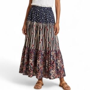 Patriotic Blue and Black and red stripes and stars Tiered Maxi broom Skirt